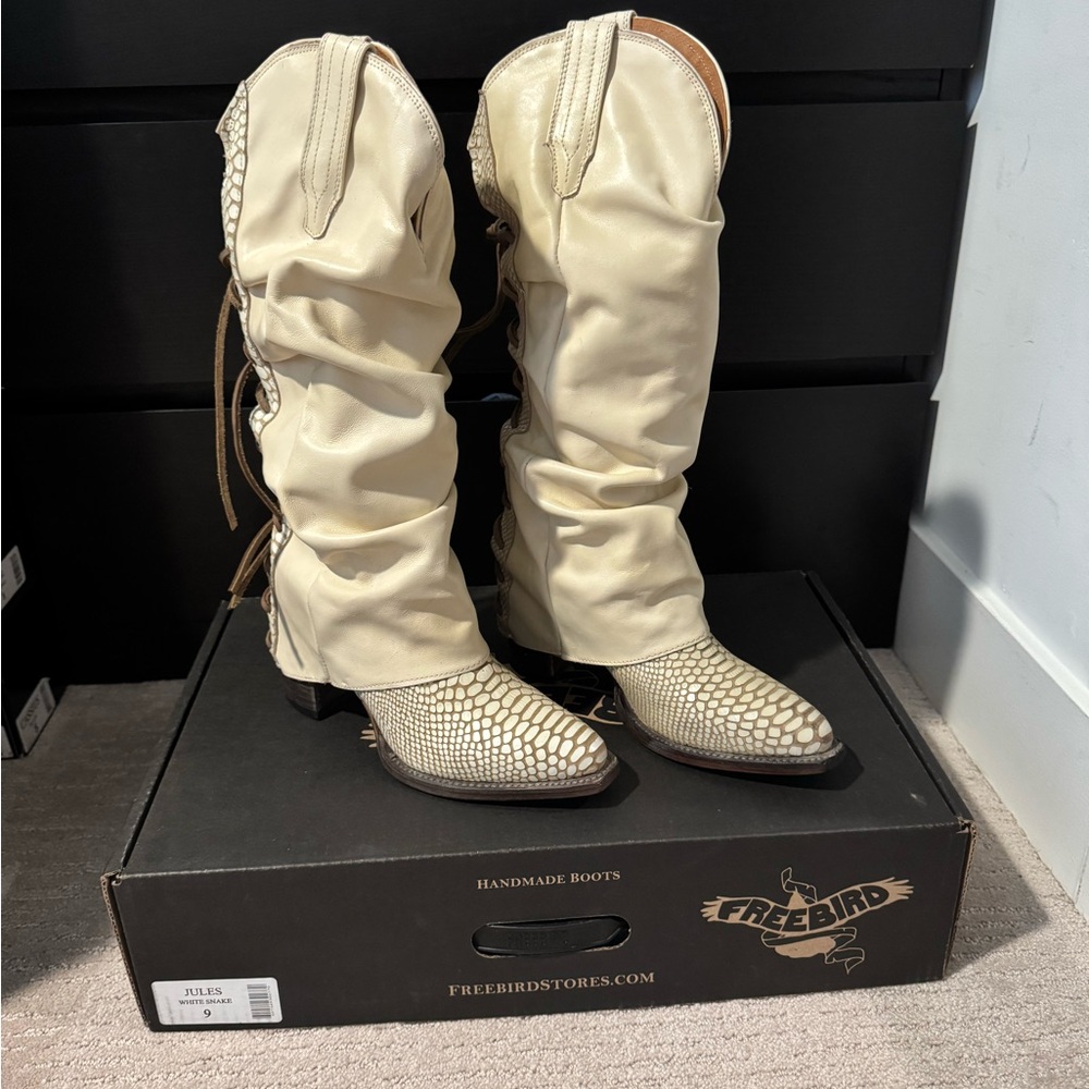 Freebird Cream and Tan Over the Knee Boots